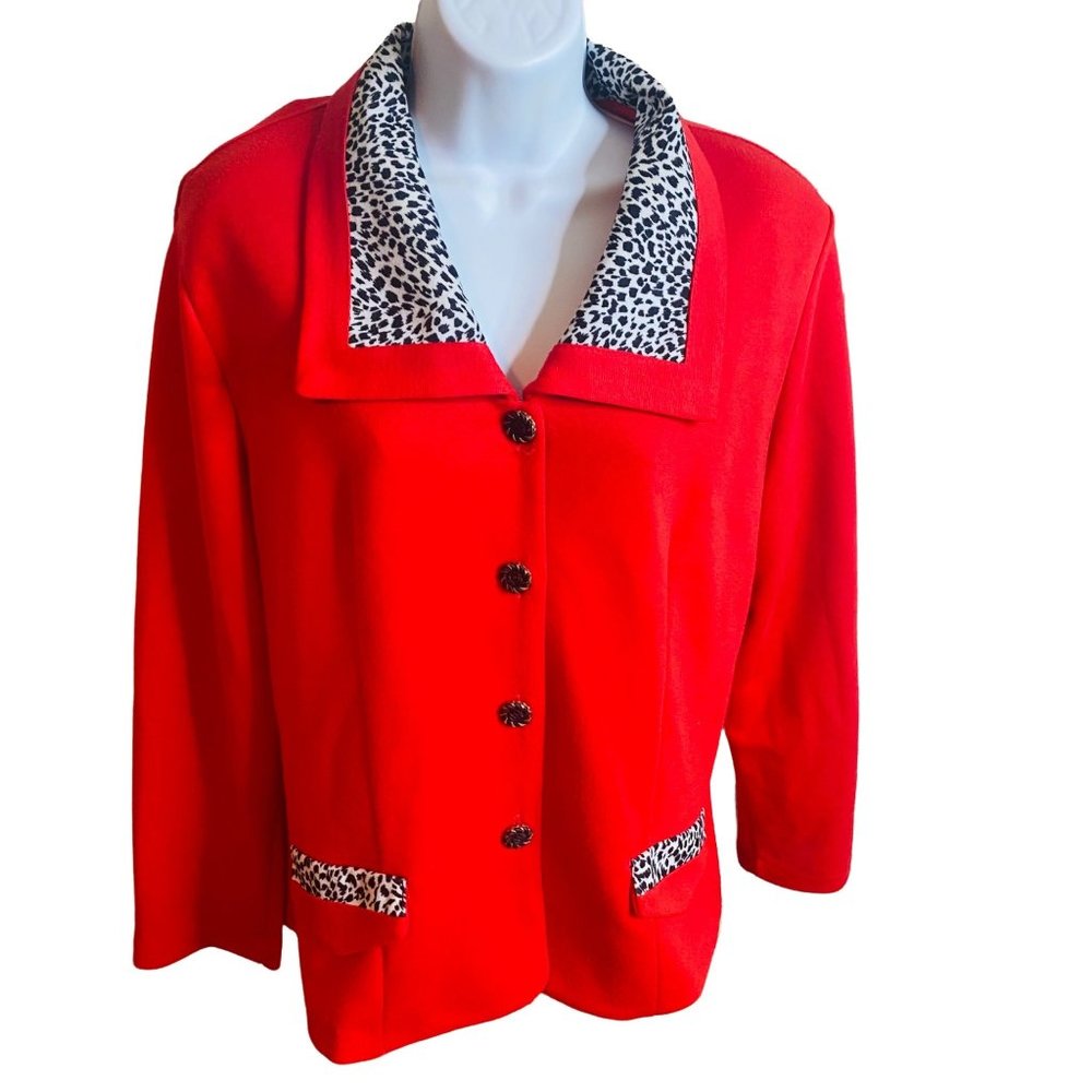 Pablo Collection red white black leopard print button front jacket size 14P